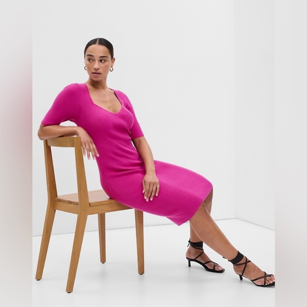 GAP Pink Puff Sleeve Sweetheart Rib Midi Dress